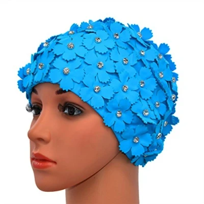 Image of Medifier Manual Rhinestone Floral Petal Retro Style Swim cap Bathing Caps for Women Light blue