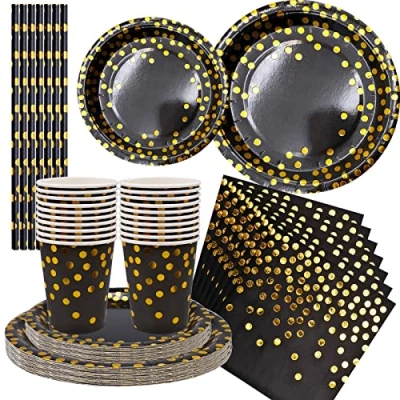 Image of 80 Pcs Black and Gold Dot Party Tableware Supplies , Disposable Paper Dinnerware Set Included Plates Cups Straws Napkins ,for Birthday, Graduation,Cocktail,Anniversary Celebration (20 Guests)