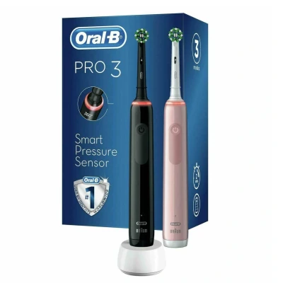Image of Oral B Pro 3 2x Electric Toothbrushes For Adults, Gifts Women / Men, 2 Handles &amp; Cross Action Toothbrush Heads, Modes, Teeth Whitening, Pin Plug, 3900, Black Pink