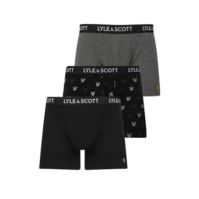 Image of Lyle &amp; Scott Men’s Elliot 3 Pack Boxer Trunks Soft Cotton Blend with Stretch Branded Waistband and Golden Eagle Logo (UK, Alpha, XL, Regular, Black/AOP/Dark Grey Marl)