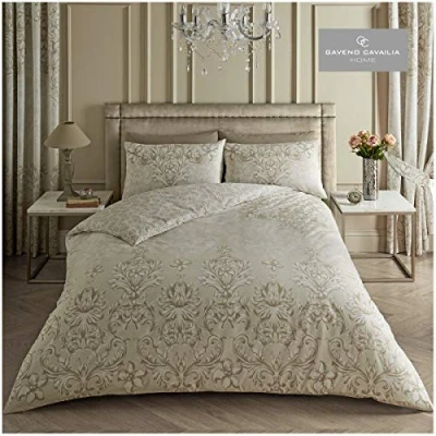 Image of Gaveno Cavailia Floral Damask Duvet Cover Quilt Bed Set With Pillow Case, Reversible, Poly Cotton, Antoinette Natural, King Size Bedding