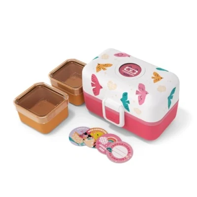 Image of monbento Kids Bento Lunch Box MB Tresor Pink Birds 3 Compartment for Ideal Travels, Picnics, Activities Customizable BPA Free &amp; Sturdy