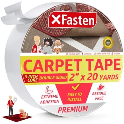 Image of XFasten Double Sided Tape Carpet Tape, Removable, 2 Inches x 20 Yards (Single Roll)