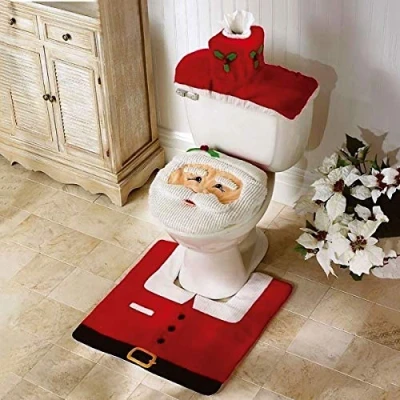 Image of Rayinblue Christmas Decoration Novelty 3pc Festive Toilet Seat Cover, Tank &amp; Rug Bathroom Set (Santa Claus)