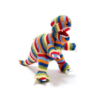 Image of Small Knitted Multi Striped T Rex Dinosaur Baby Rattle. Suitable from birth