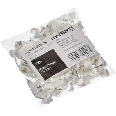 Image of Viola Direkt GmbH 7454160 Meister Express White Pack of 100 in Practical Set for Fixing Includes Pre Assembled Adhesive Cable Clips/Nail Clamps Pieces, 7 11 mm (100 Stück)