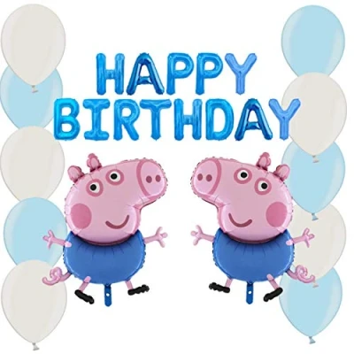 Image of Toyland® George Pig Balloon Pack Contains 16&quot; Blue Happy Birthday Banner, 2 x 37 Foil Balloons &amp; 20 12&quot; Latex in Baby White Children&#039;s Party Decorations
