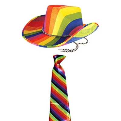 Image of labreeze Adults Rainbow Cowboy Felt Hat with Striped Neck Tie Fancy Dress Party Set