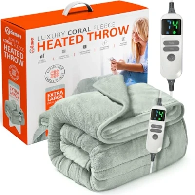Image of Warmer Electric Heated Throw Blanket Extra Large 200 x 130cm Digital Controller Timer, 9 Heat Settings, Auto Shutoff Machine Washable Sage