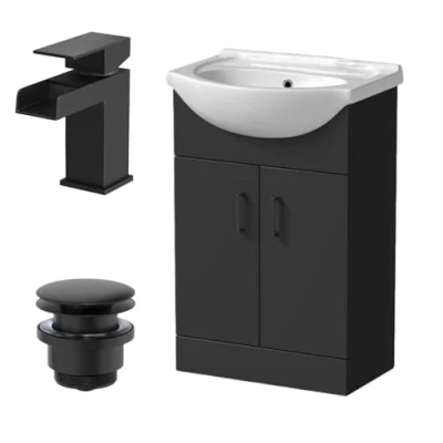 Image of Affine® 560mm Bathroom Vanity Unit Ceramic Sink Floorstanding Storage Cabinet Cupboard &amp; Black Waterfall Basin Tap Waste Set, Matt