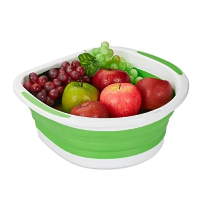 Image of Relaxdays Foldable Strainer, Pasta, Plastic Draining Basket, Dimensions: HxWxD: 13.5 x 33.5 32.5 cm, Green and White, 13.5x33.5x32.5 cm