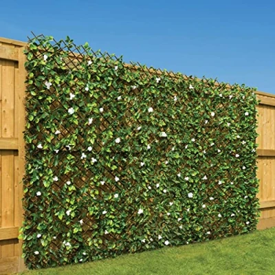 Image of CHRISTOW Expanding Artificial Trellis Fake Leaf White Flower Hedge Garden Privacy Screening (1m x 2m)