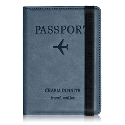Image of Passport Holder Cover, PU Leather RFID Travel Wallet Case Organiser Accessories, UK Cover for Passport, Business Cards, Credit Boarding Passes (Blue)
