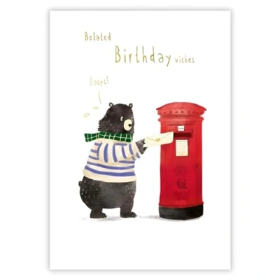 Image of Belated Birthday Card for Him/Her Male/Female Bear and Post Box Special Finishes Made in the UK Eco Friendly