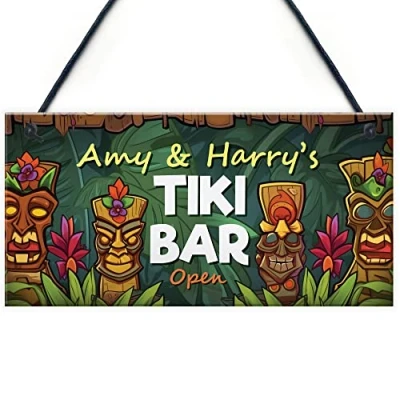 Image of RED OCEAN Personalised Tiki Bar OPEN Hanging Garden Pub Plaque Beer Cocktails Beach Decoration Sign Friendship Gift