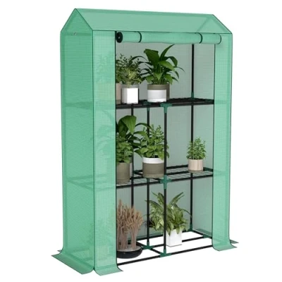 Image of Outsunny 3 Tier Mini Greenhouse with PE Cover Roll Up Door Green 84H 199V00GN