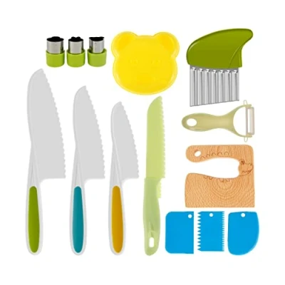 Image of RHAIQBVC 14 Pcs Kids Safe Knife Set for Toddlers Real Cooking Toddler Chopping Knives with Wood Cutters Potato Slicers Grater and Serrated Edges