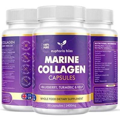 Image of High Strength Marine Collagen Tablets Skin, Hair, Nails &amp; Joints Fortified with Hyaluronic Acid, Blueberry, Biotin, Vitamin C, E, B2, B7 Minerals 1400MG Type 1 90 Capsules