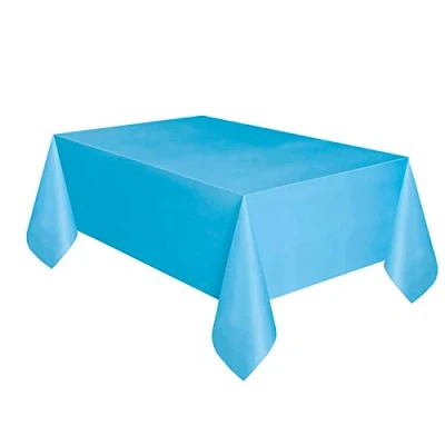 Image of Solid Powder Blue Short Fold Rectangular Plastic Table Cover (137cm x 274cm) 1 Count Elegant &amp; Durable Tablecloth for Parties, Events, and Home Use