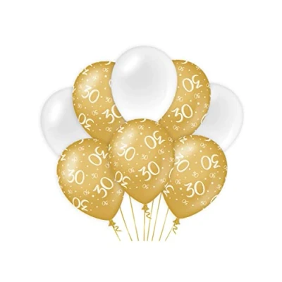 Image of PD Party 7023405 Birthday Balloons Natural Rubber (Latex) Celebration Decorations 30, Pack of 8, Gold/White, 30cm Length x Width Height