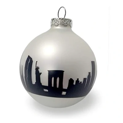 Image of Elegant matt silverwhite Christmas tree ball made of glass with NEW YORK skyline print by 44spaces®