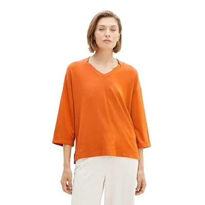 Image of TOM TAILOR Women&#039;s Basic T Shirt with 3/4 Sleeves and V Neck, 19772 Gold Flame Orange, XL