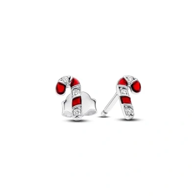 Image of Pandora Moments Candy cane sterling silver stud earrings with clear cubic zirconia and red enamel