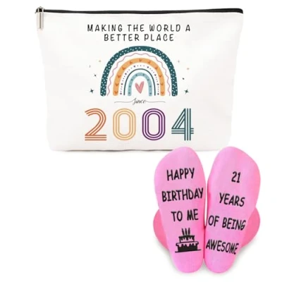 Image of ZUFIO Funny 21st Birthday Gift for her Retro Cosmetic Bag, Personalized Socks Ideas Bestie,Best Friend, Sister (UK 2004)