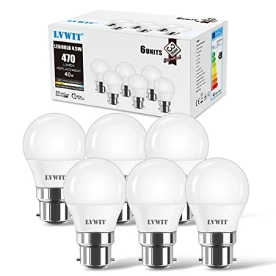 Image of LVWIT SES Golfball B22 Led Light Bulbs, Golf Ball Bulbs,Bayonet 40W Equivalent, 4.5W, 470Lm,2700K Warm White Bayonet Bulb Energy Saving,150 Beam Angle,Non Dimmable,(Pack of 6)