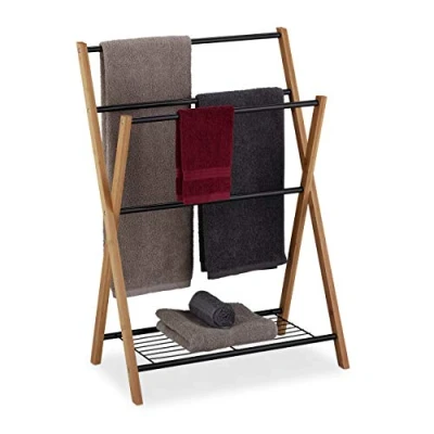 Image of Relaxdays Freestanding Towel Rail, 4 Rails, Bath Shelf, Metal, Bamboo, HWD 87 x 60.5 37.5 cm, Black/Natural