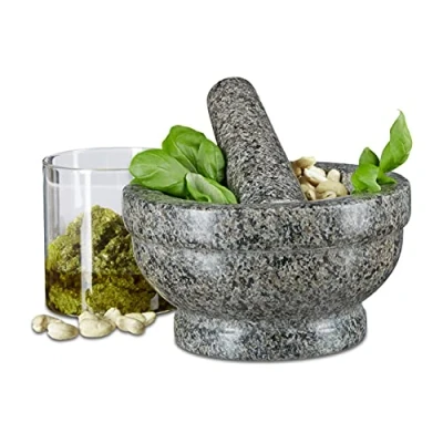 Image of Relaxdays Granit Mortar &amp; Pestle, 17 cm Diameter, Robust Durable, Herb Grinder, Polished Stone, Grey, 19 x 14