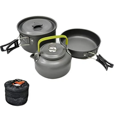Image of JZK Camp Cookware 2 3 People Set, Pan Pot Teapot Lightweight Outdoor Portable Camping Cooker Set for Trekking Hiking BBQ Picnic Campfire