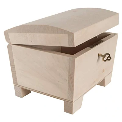 Image of Small Wooden Storage Treasure Chest with Key Lock &amp; Curved Lid 15 x 11 9.5 cm Trinket Keepsake Gift Decorative Lockable Box Unpainted Untreated Plain Lindenwood
