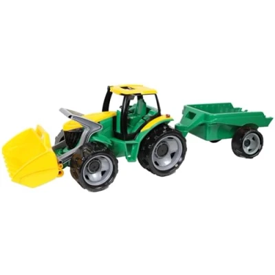 Image of Lena 02123 Sturdy Giant tractor with shovel and trailer, Giga Trucks, approx. 62 cm 43 cm, large toy vehicle set for children from 3 years, functioning loading trailer