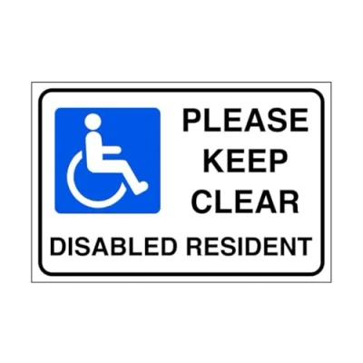 Image of Please keep clear disabled resident parking signs 1.2mm Rigid plastic for indoor/outdoor usage (150mm x 100mm) Viewing Distance within 3m.