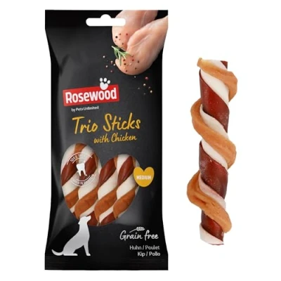Image of Rosewood Medium Trio Sticks for Dogs Made with Chicken, Grain Free Chews, High Protein Dog Treats, By Pets Unlimited (3pc, 90g)