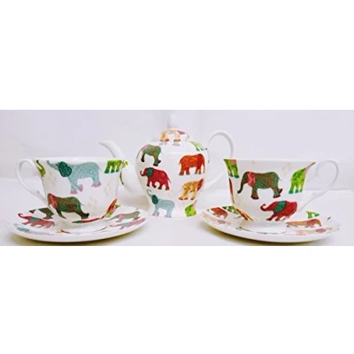 Image of fromeuropewithlove Elephants Tea Set for Two Fine Bone China Hand Decorated in the UK Patched Multicolour 1 Teapot 2 Cups &amp; Saucer Free Delivery