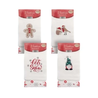Image of COUNTRY CLUB Christmas Tea Towels, gingerbread man, festive friends, let it snow or gnome. One supplied at random,Pk of 2 teatowel