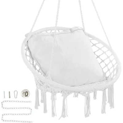 Image of VEVOR Hanging Hammock Swing Chair, 330 lbs Capacity, Macramé Chair with Cushion and Mounting Hardware, Cotton Rope for Bedroom, Balcony, Patio, Garden, White