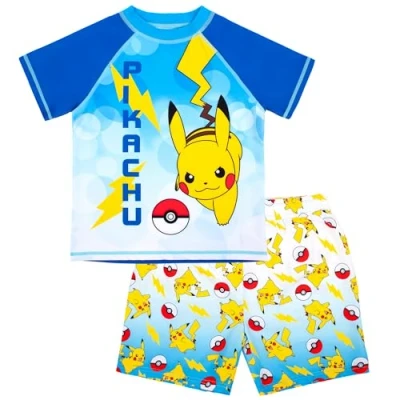 Image of Pokemon Swim Set for Boys 2 Piece Swimming Shorts &amp; T Shirt UV Sun Protection Costume Age 5 12 Blue
