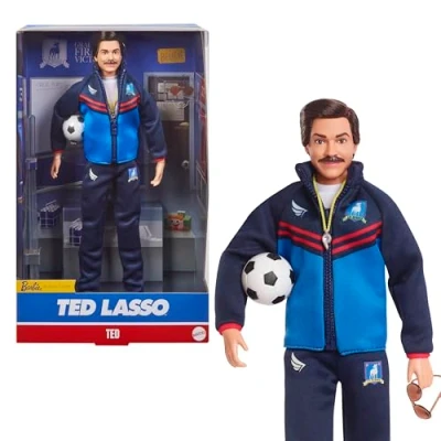 Image of ​Barbie Signature Doll, Ted Lasso Wearing Iconic Blue AFC Richmond Tracksuit with Aviators, Collectible Displayable Packaging, HJW91