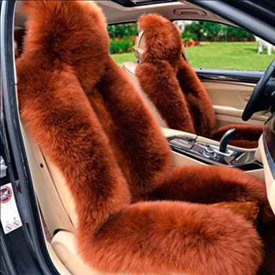 Image of QMMD 2 Pcs Luxurious Sheepskin Long Wool Front car Seat Covers Pad Mat Universal Fit Soft, fluffy, warm, for winter most SUV Trucks,LightCoffee