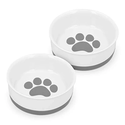 Image of Navaris Porcelain Cat Bowls (Set of 2) 15cm Food and Water Bowl Dishes for Pet Cats More With Non Slip Silicone Bottom Grey Paw Print Design