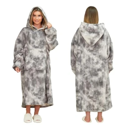 Image of Dreamscene Extra Long Tie Dye Oversized Hoodie Blanket Sweatshirt Soft Sherpa Fleece Throw Cosy Wearable Hooded Big Jumper Charcoal, One Size Fits Most Adults Teens Men Women