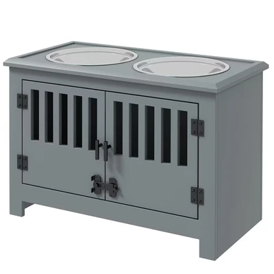 Image of PawHut Raised Dog Bowls for Large Dogs, Pet Feeding Station, Doors with Latch, Storage Cabinet, Two Stainless Steel Grey