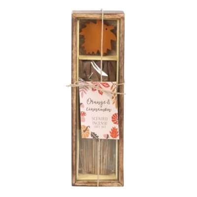 Image of Autumn Leaf Orange &amp; Cinnamon Incense Gift Set Natural Aromatherapy for Relaxation and Home Fragrance, Handcrafted with Essential Oils, 50 Sticks Holder