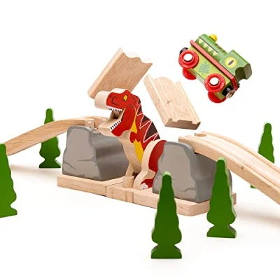 Image of Bigjigs Rail, T Rex Bursting Bridge, Wooden Toys, Dinosaur Train Accessories, Track, Sets, Trains For Kids,