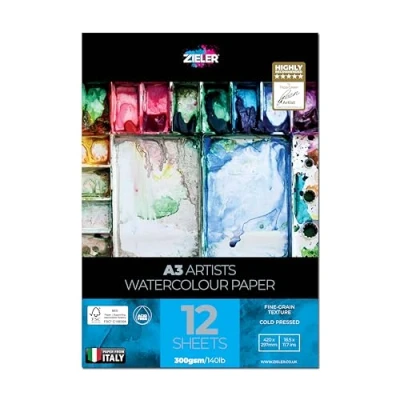 Image of Fine Grain Textured Watercolour Paper Pad by Zieler® 12 Sheets 300gsm Ideal for &#039;Wet on Wet Techniques&#039; FSC Mix &amp; Acid Free. Includes Starter tip Sheet (A3)