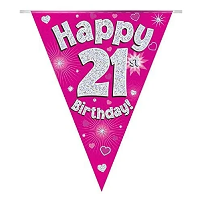 Image of Party Bunting Happy 21st Birthday Pink Holographic 11 flags 3.9m