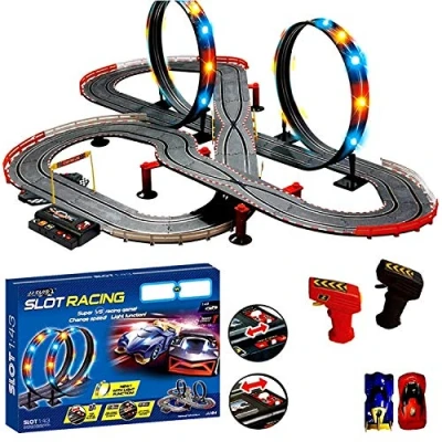 Image of Rexco Large Electric Battery Operated Remote Control Light Up Slot Car Racing track Set Kids Toy Childrens Game Boys Xmas Gift JJ85 1